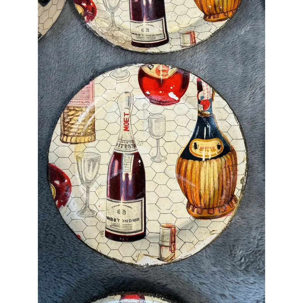 1950's Lot 18 Piece Barware Set Liquor Bottle Design Tray Plates Bottle Opener